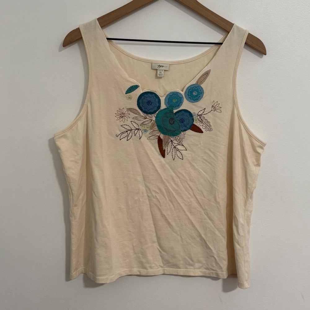 JJill Tank Top Women XL Cream Floral Applique Embroidered Boho Fairy Cottagecore